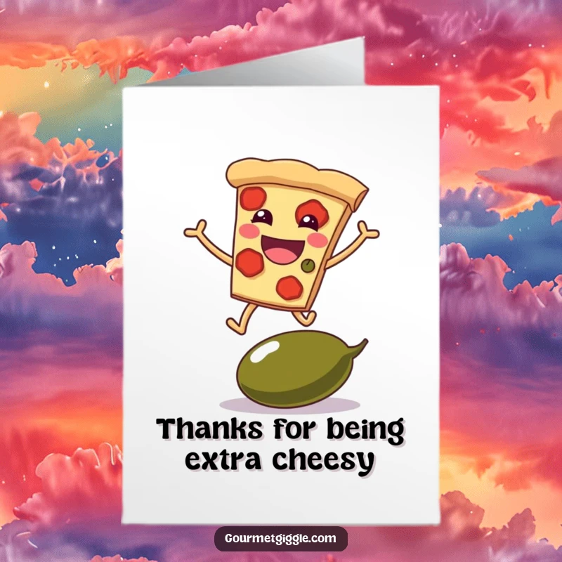 Funny Free Printable Thank You Card: Grinning pizza slice with legs joyfully leaping over a giant olive, saying thanks.
