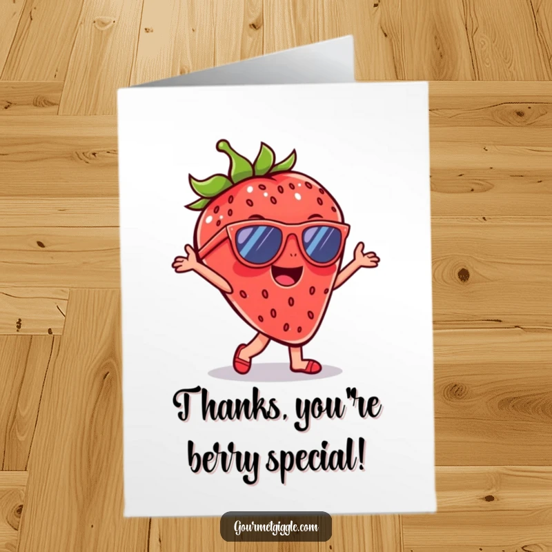 Funny Free Printable Thank You Card: A cheerful strawberry in sunglasses dances enthusiastically, offering a cool and fun way to say thank you.