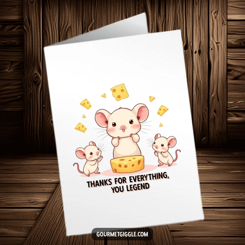 Funny Free Printable Thank You Card: A beaming cheese character juggles three tiny mice, expressing heartfelt thanks.