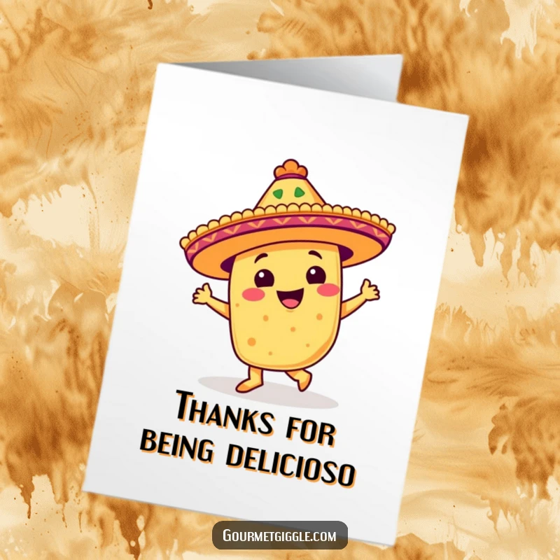 Funny Free Printable Thank You Card: Beaming taco in sombrero dancing salsa, expressing thanks with fiesta, printable art.