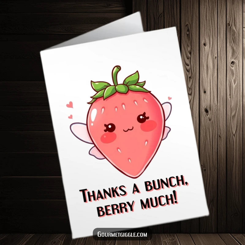 Funny Free Printable Thank You Card: A blushing strawberry with tiny wings extends heartfelt thanks, a perfect DIY gift.