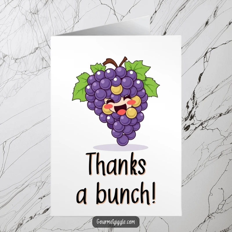 Funny free printable thank you card: a bunch of ecstatic grapes rolling downhill to deliver your heartfelt thanks.