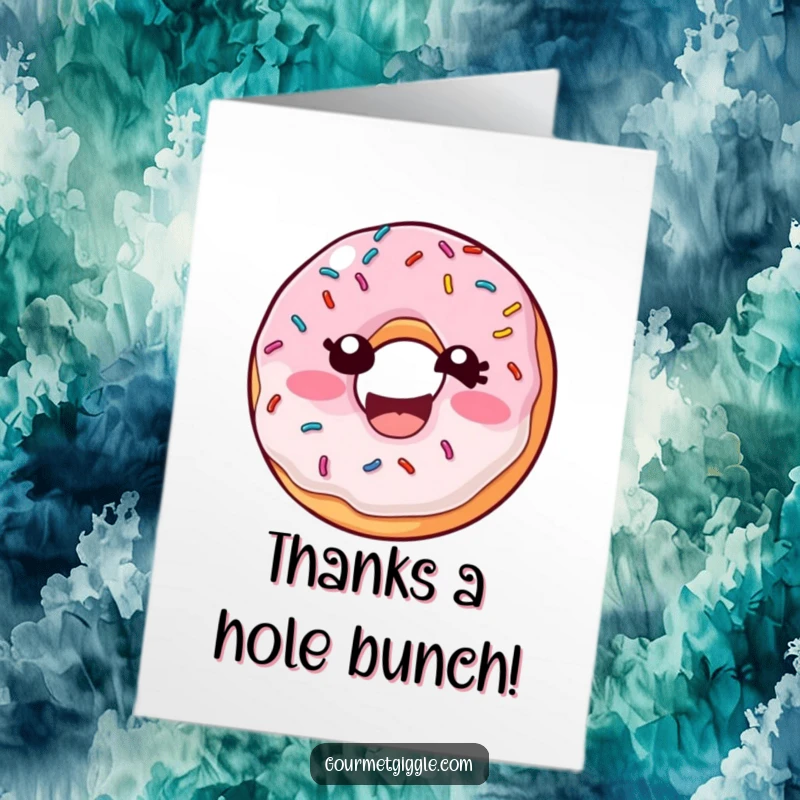 Funny Free Printable Thank You Card: A delighted donut covered in sprinkles is wiggling with laughter, offering a cheerful and humorous thank you.