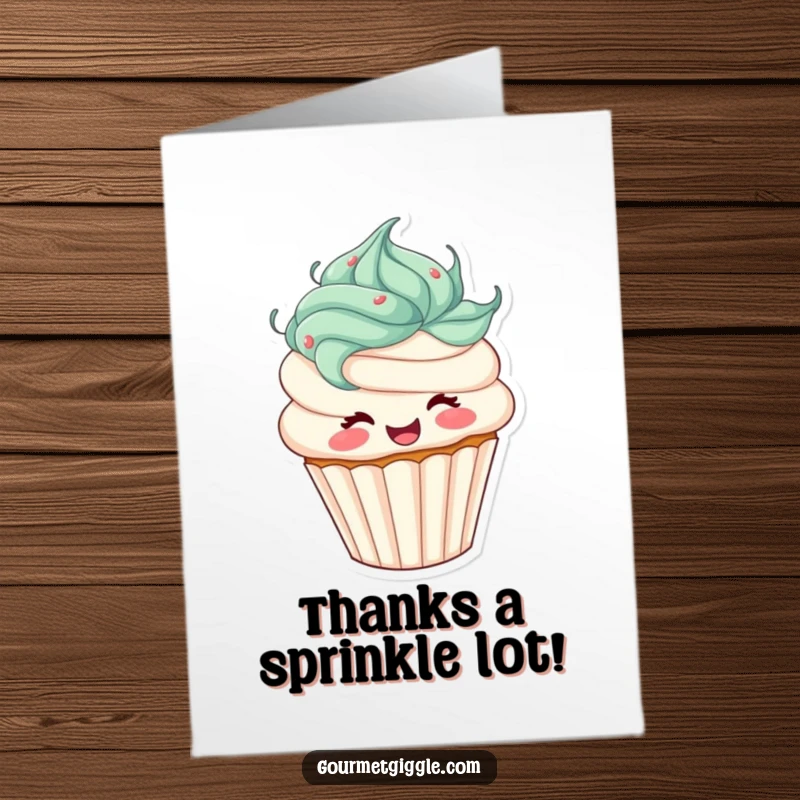 Funny Free Printable Thank You Card: A joyful cupcake with frosting hair spinning cheerfully, expressing heartfelt gratitude with a smile.