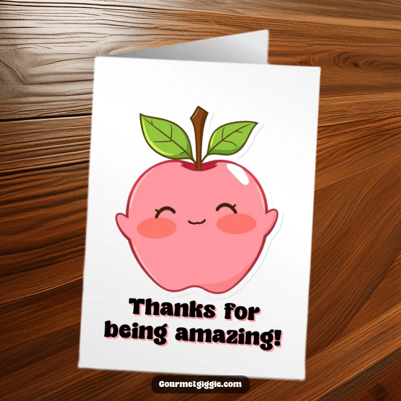 Funny Free Printable Thank You Card of a blushing apple with leaf hair doing a playful curtsy.