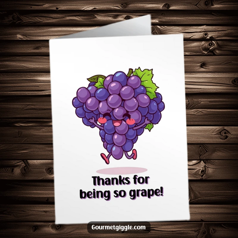 Funny Free Printable Thank You Card showing a bunch of grapes exuberantly hopping, expressing thanks with fruity joy.