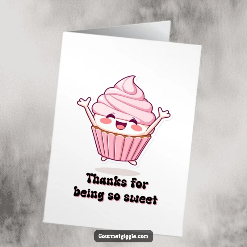 Funny Free Printable Thank You Card: A smiling cupcake character leaping joyfully, conveying heartfelt thanks with a sweet gesture.