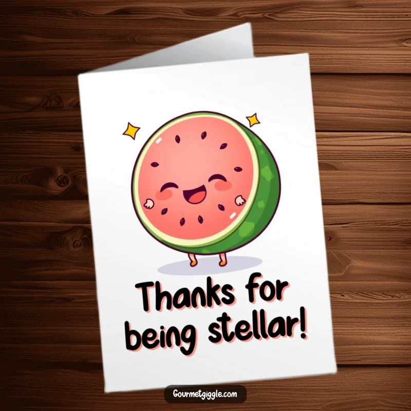 Funny Free Printable Thank You Card of a giggling watermelon slice with star seeds doing cartwheels.