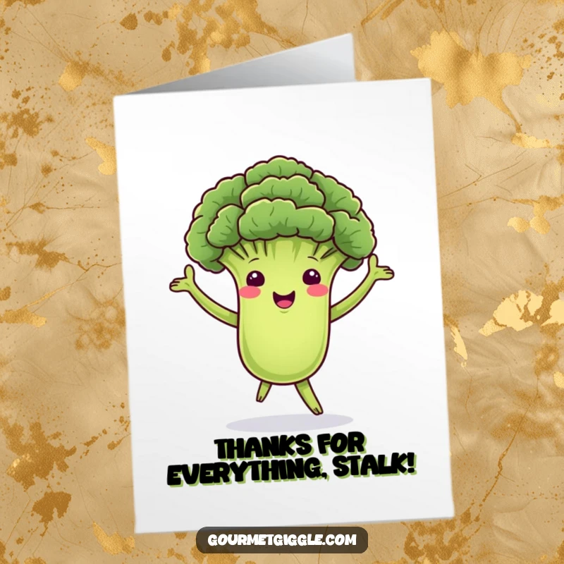Funny Free Printable Thank You Card: A dancing broccoli floret with green arms sways merrily, expressing thanks.