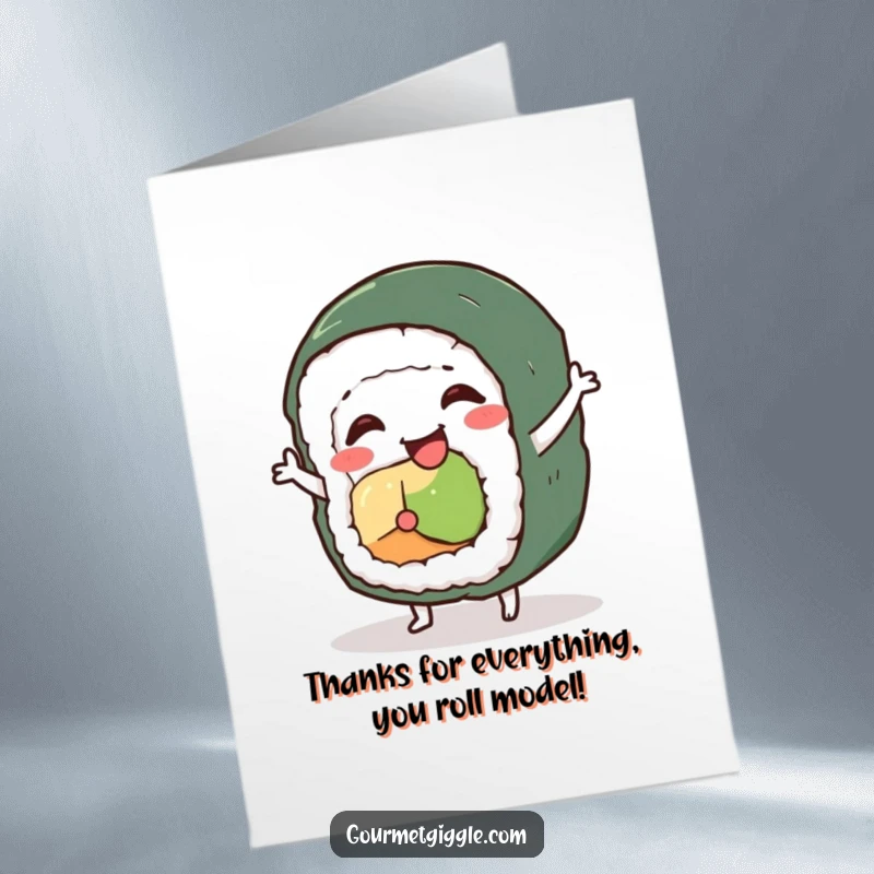 Funny Free Printable Thank You Card: A wobbly sushi roll character doing a happy, silly dance.