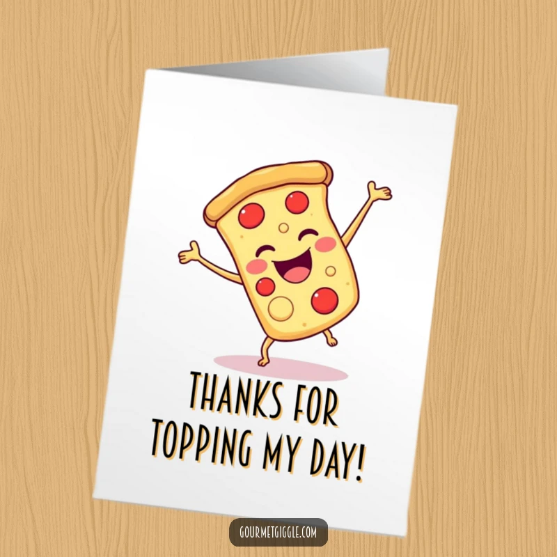 Funny Free Printable Thank You Card: Smiling slice of pizza doing a joyful cartwheel, expressing thanks. A fun, downloadable greeting.