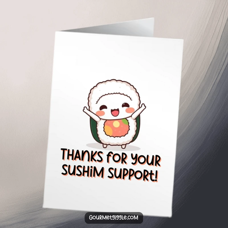 Funny Free Printable Thank You Card with a happy sushi roll bowing gracefully, perfect for expressing gratitude with a smile.