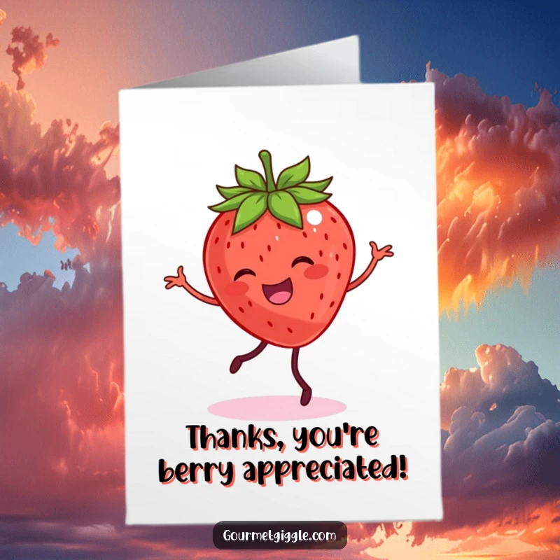 Funny free printable thank you card: A smiling strawberry with legs does a cheerful dance to express thanks.