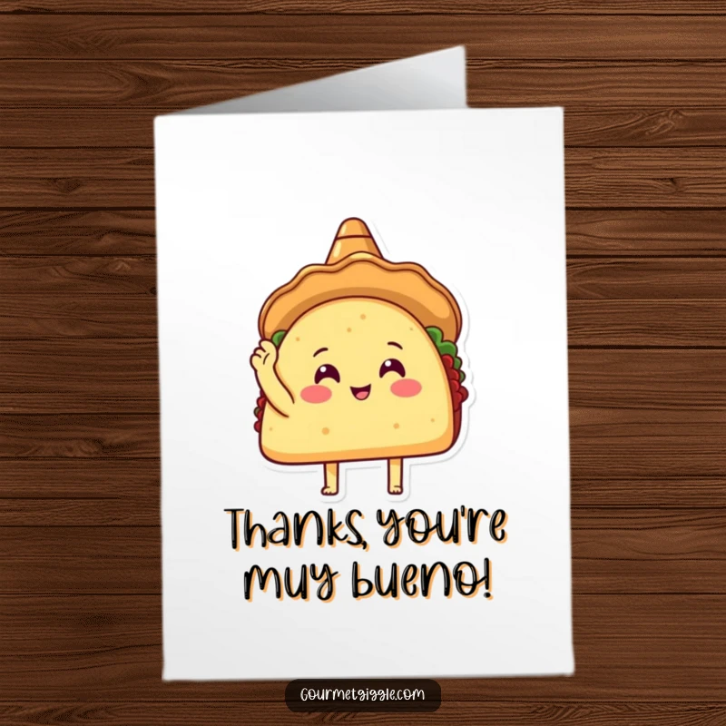 Funny Free Printable Thank You Card: A happy taco in a sombrero gestures thanks by tapping its shell, a delightful and humorous way to express gratitude.