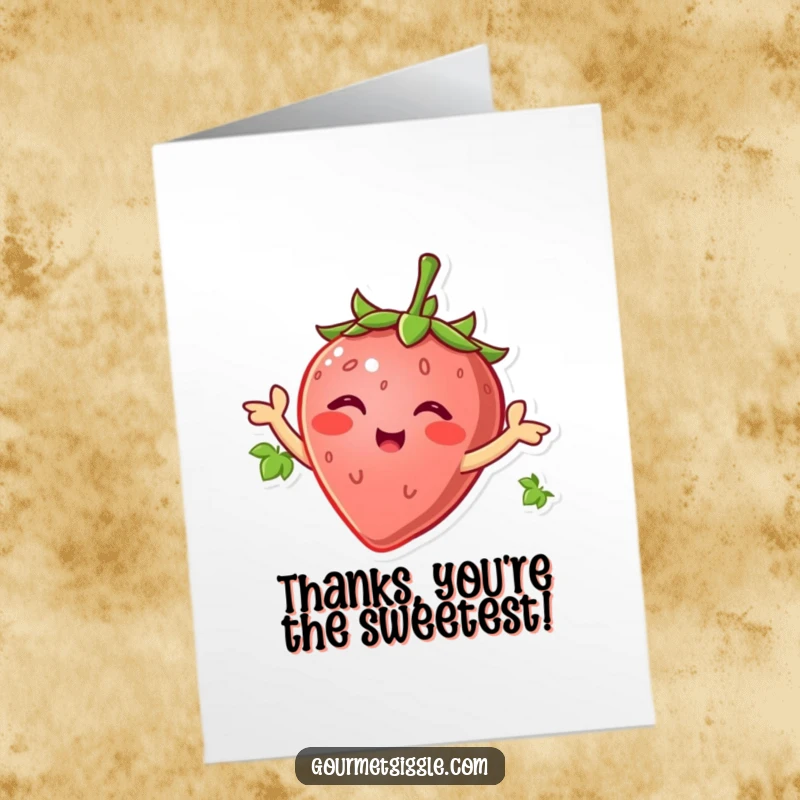 Funny Free Printable Thank You Card: A smiling strawberry wiggles its green leaves like arms, sending a cheerful thank you.