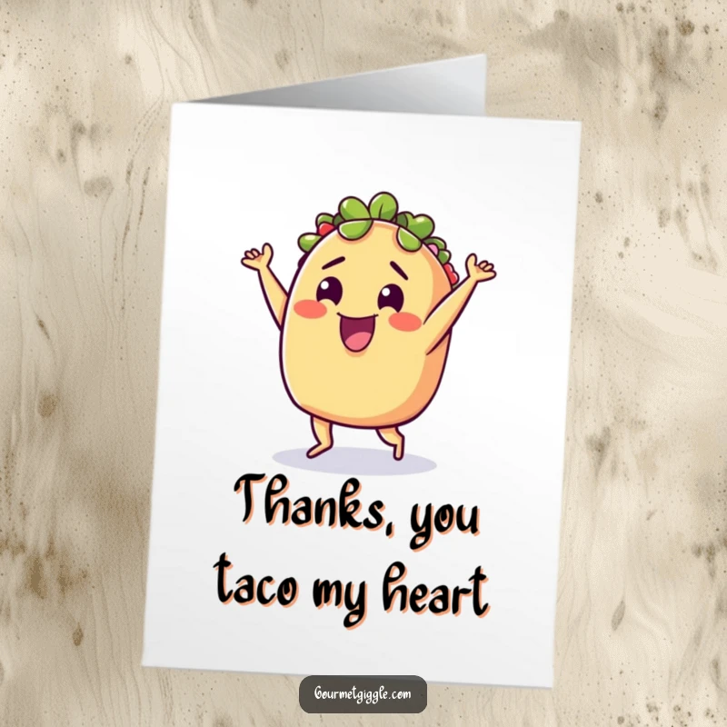 Funny Free Printable Taco Thank You Card: A delighted taco doing a silly dance, offering a flavorful and funny way to say thanks.