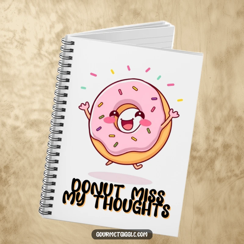 Funny donut notebook with a gleeful donut doing a happy jig, surrounded by flying sprinkles. Ideal for creative minds.