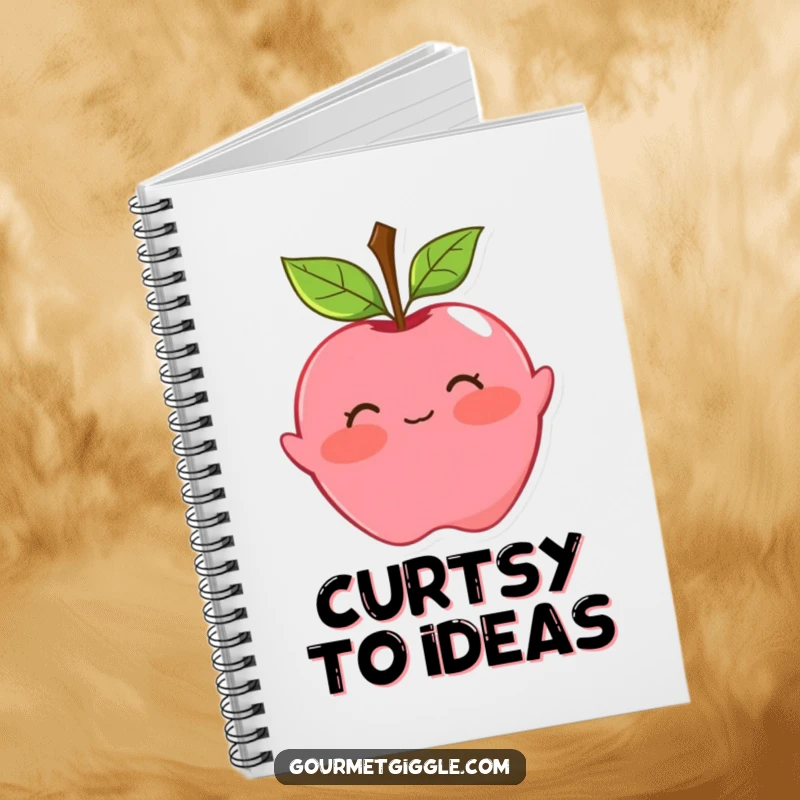 Funny apple notebook with a blushing face and leaf hair, doing a playful curtsy. Ideal for notes with a hint of charm.