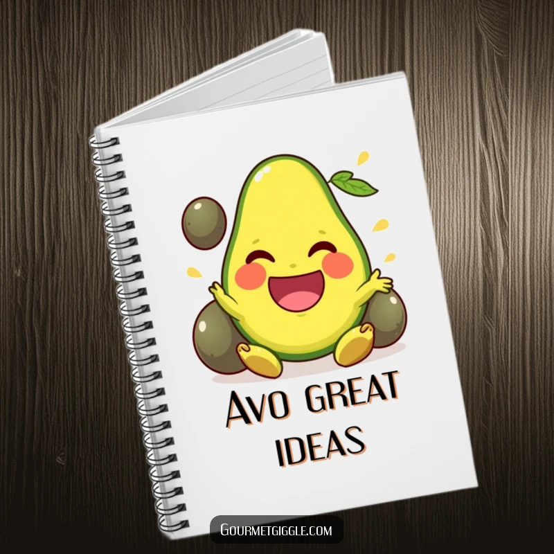 Funny Notebook cover featuring a beaming avocado juggling pits, ready to inspire healthy lists and creative ideas.