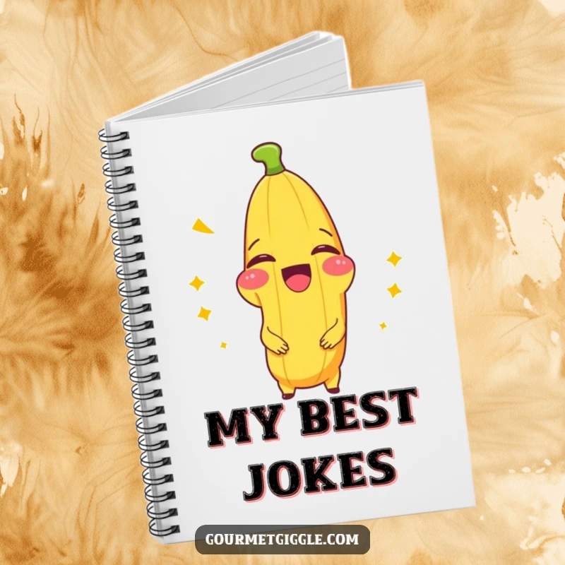 Funny notebook with a beaming banana splitting with laughter, inspiring creative and humorous writing.