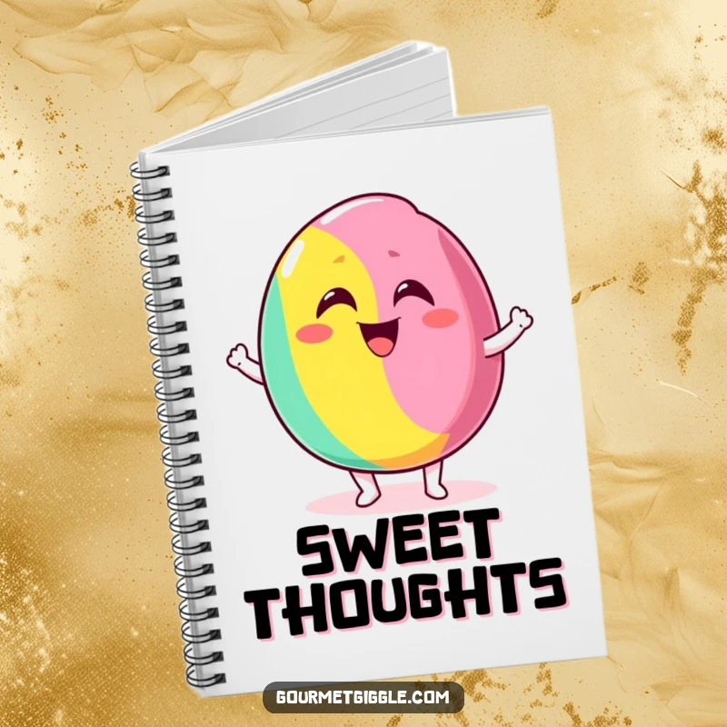 Funny notebook with a delighted candy bouncing excitedly with a silly grin, great for jotting down cheerful ideas.