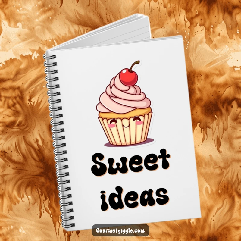 Funny notebook featuring a cheerful cupcake with frosting and a cherry tipping its hat, perfect for notes and doodles.