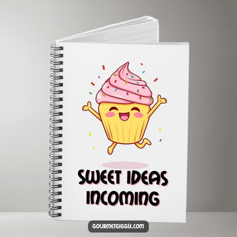 Funny cheerful cupcake doing a joyful leap with sprinkles flying, featured on the cover of this sweet notebook.
