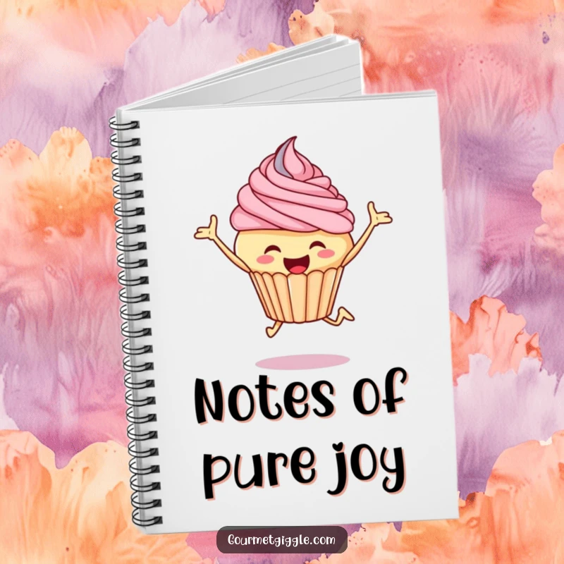 Funny cupcake notebook cover with a leaping cupcake design, inspiring joyful note-taking.
