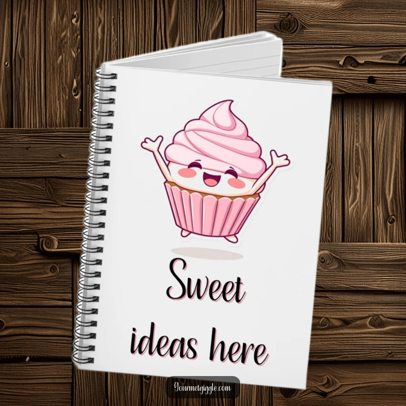 Funny Cupcake Notebook with a smiling cupcake character joyfully leaping, ready for notes.