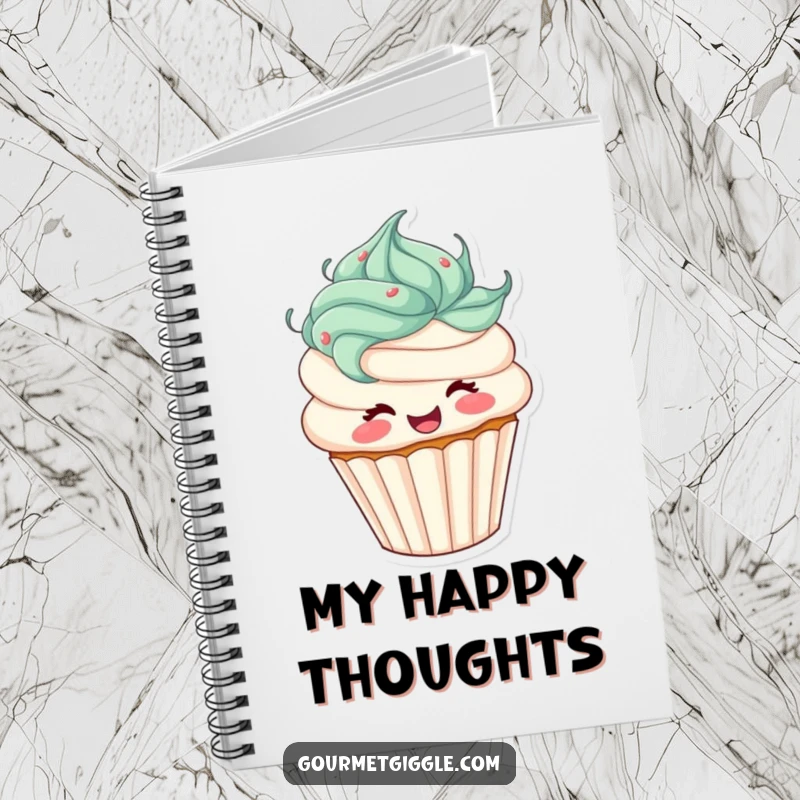 Funny cupcake notebook with a joyful character and frosting hair spinning happily across the cover. Ideal for brainstorming sessions.