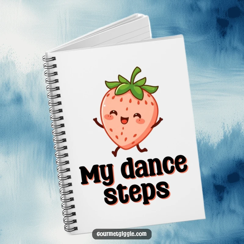 Funny notebook with a cheerful strawberry character doing a lively dance on its tiny legs, ideal for jotting down ideas with fun.