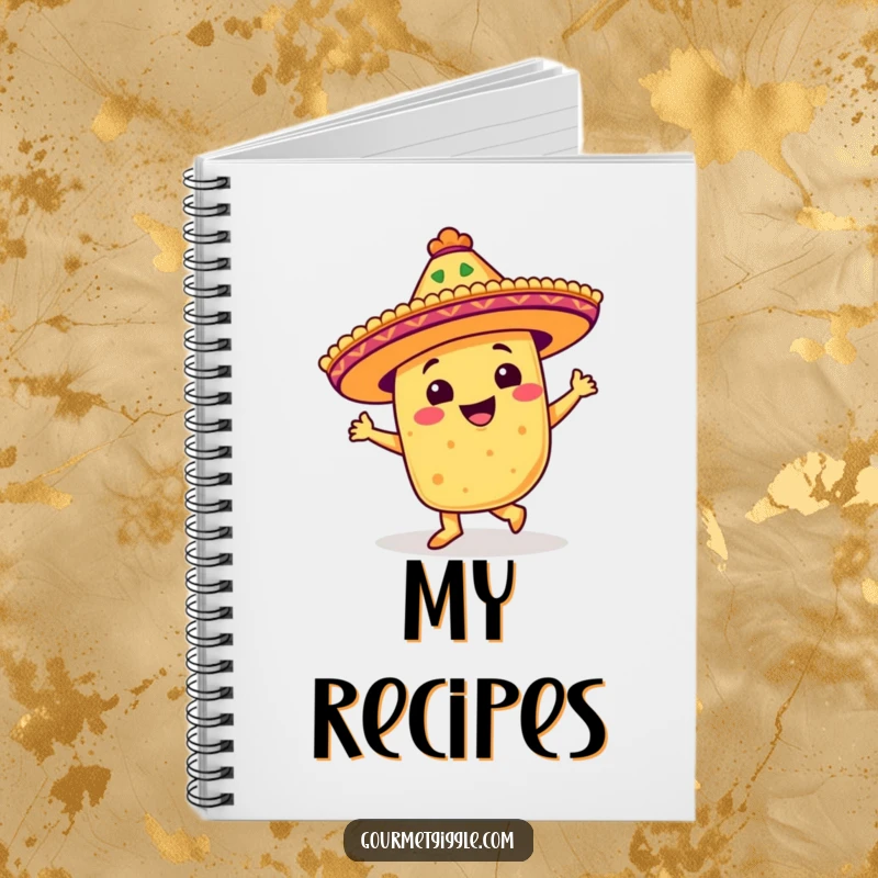 Funny notebook featuring a beaming taco with a festive sombrero doing a salsa step, perfect for notes and doodles.