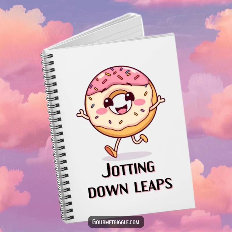 Funny notebook cover with a grinning donut character doing a little jump, its sprinkles scattering joyfully, for humorous note-taking.