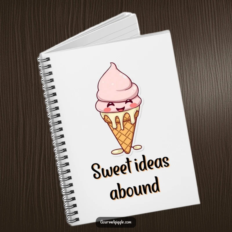 Funny Notebook featuring a giggling ice cream cone with melting drips, perfect for jotting down sweet ideas and doodles.
