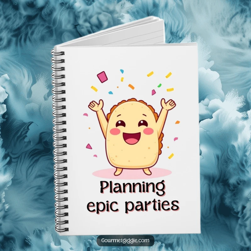 Funny taco notebook with arms joyfully throwing confetti, ideal for writing, doodling, and capturing humorous thoughts.