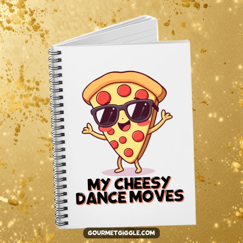 Funny pizza notebook cover with a dancing slice wearing sunglasses, promoting inspired writing.