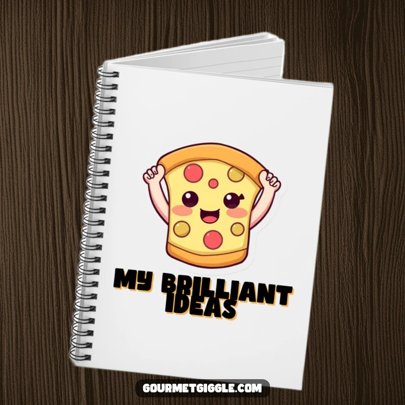 Funny pizza slice notebook with a smiling face and little arms raised high, ready to capture all your brilliant pizza-related thoughts.