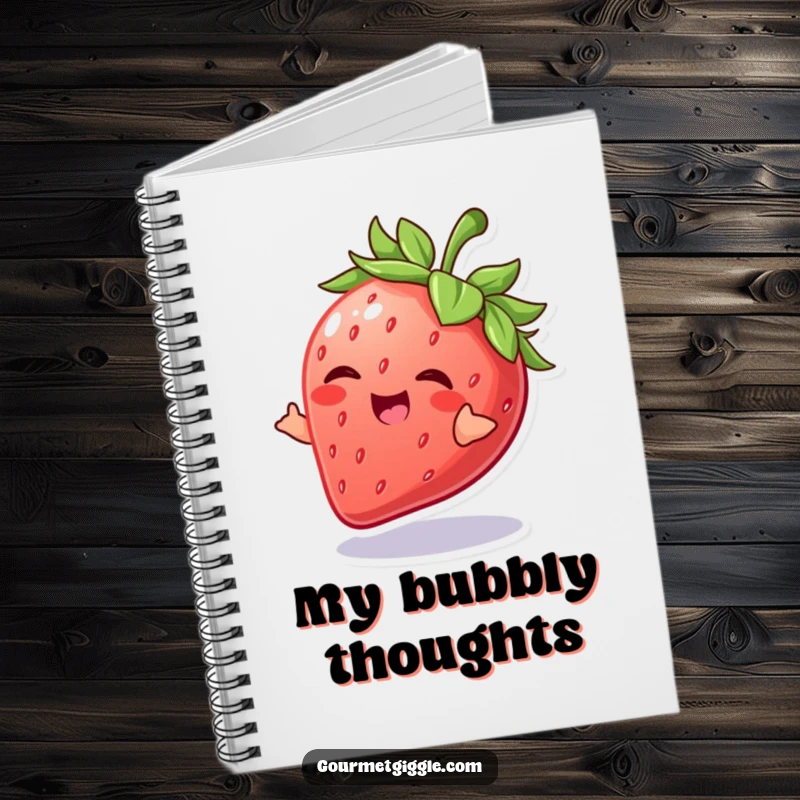 Funny Strawberry Notebook featuring a giggling strawberry doing a playful spin, ideal for jotting down cheerful and fruity ideas.