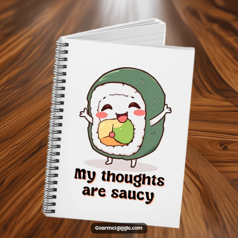 Funny sushi roll character notebook, a wobbly roll in a silly dance, perfect for jotting down food-inspired thoughts.