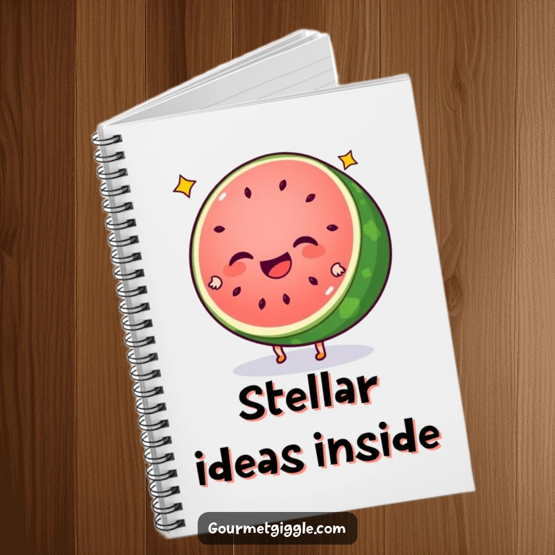 Funny watermelon notebook with a giggling slice doing cartwheels and star seeds, perfect for capturing ideas with a fruity twist. Inspiring and fun.