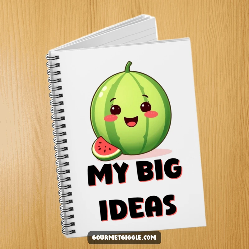 Funny notebook with a proud watermelon, a slice missing, beaming with summer joy, perfect for jotting ideas.