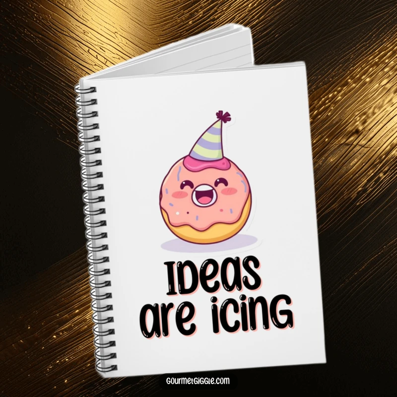 Funny delighted donut character wearing a tiny party hat on a notebook, a cheerful journal, a perfect funny gift.