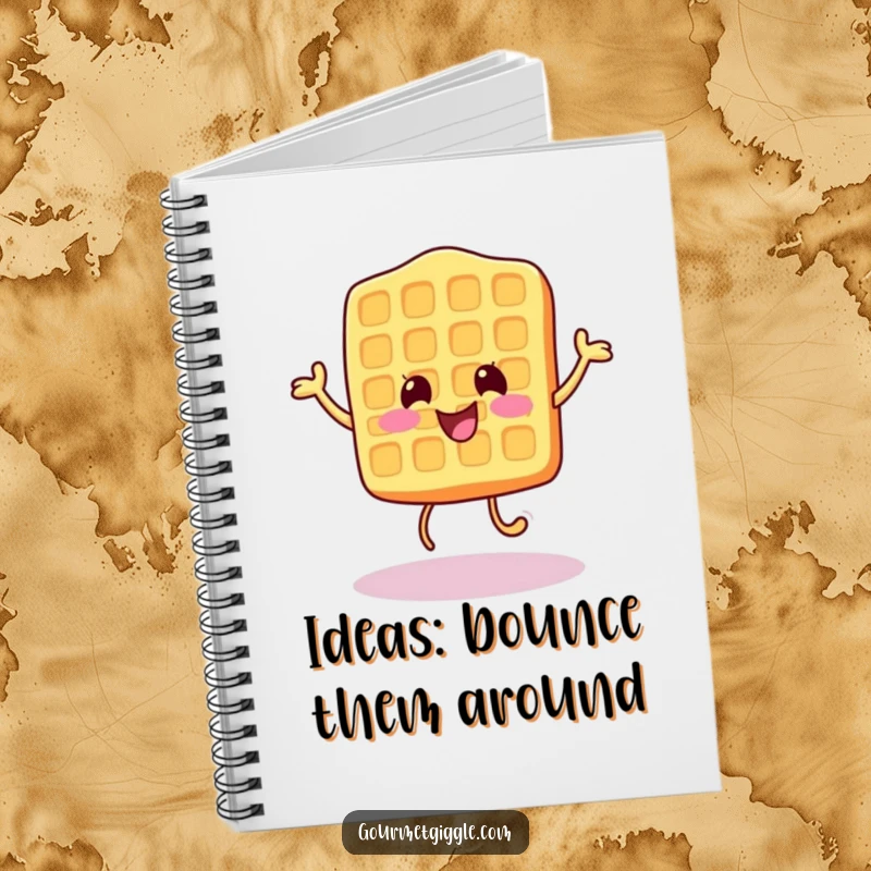 Funny Notebook featuring a cheerful waffle character doing a happy little bounce, perfect for jotting down bright ideas.