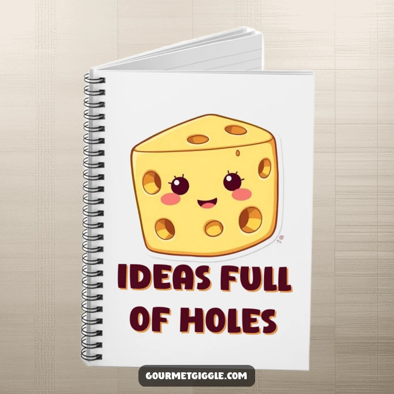 Funny cheese notebook featuring a happy character with a wide grin and holes, ideal for jotting down notes with humor.
