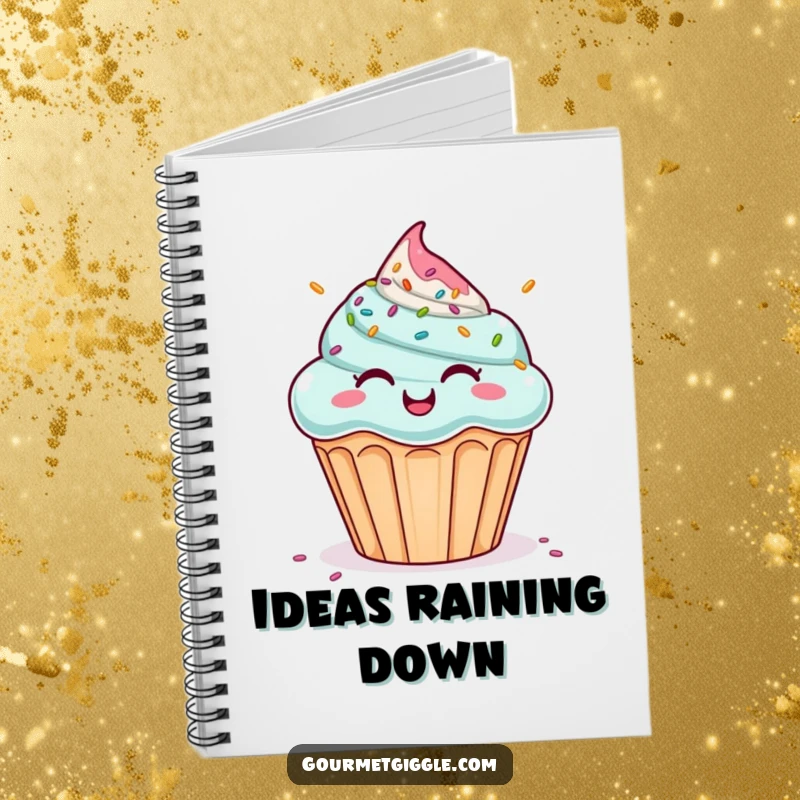 Funny notebook with a giggling cupcake under a colorful sprinkle shower. Ideal for notes and doodles, a humorous funny gift.