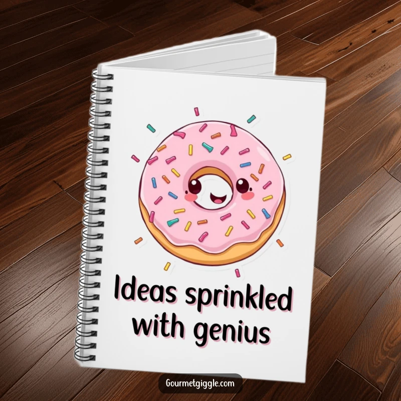 Funny notebook featuring a gleeful donut happily spinning with sprinkles showering down, inspiring creative and sweet entries.