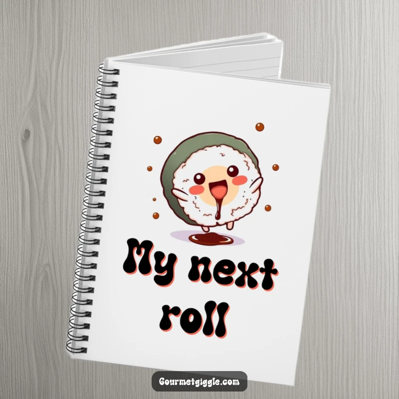 Funny sushi roll notebook cover featuring a cartwheeling character, inspiring fun note-taking.