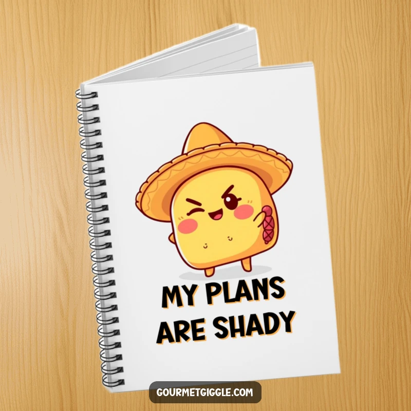 Funny taco notebook wearing a sombrero, giving a mischievous wink, ideal for writing and capturing humorous thoughts.