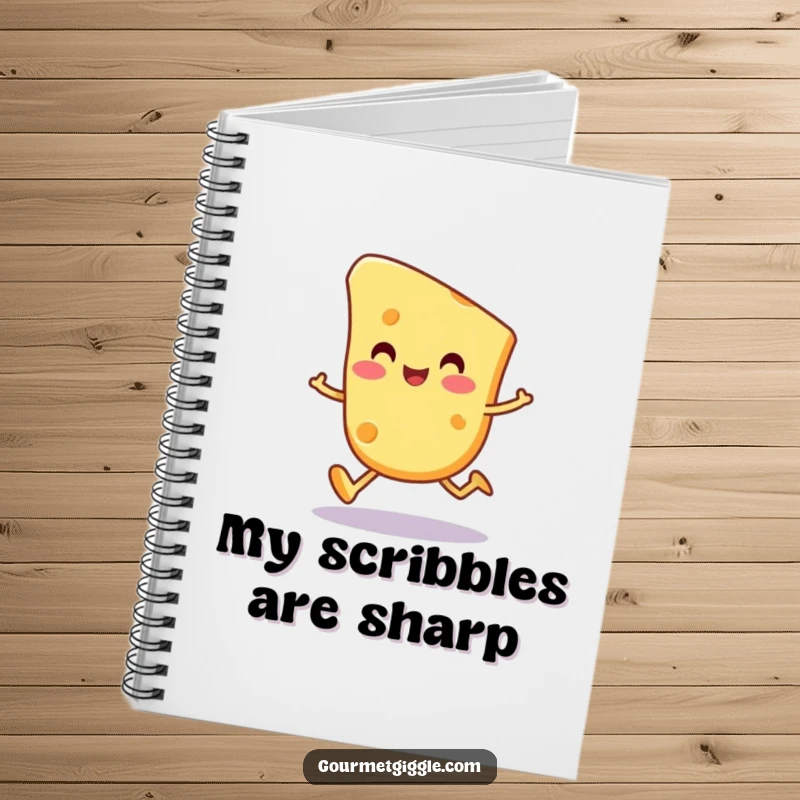Funny cheese slice character notebook, a happy, round cheese piece doing a wobbly trot, perfect for jotting down cheesy ideas.