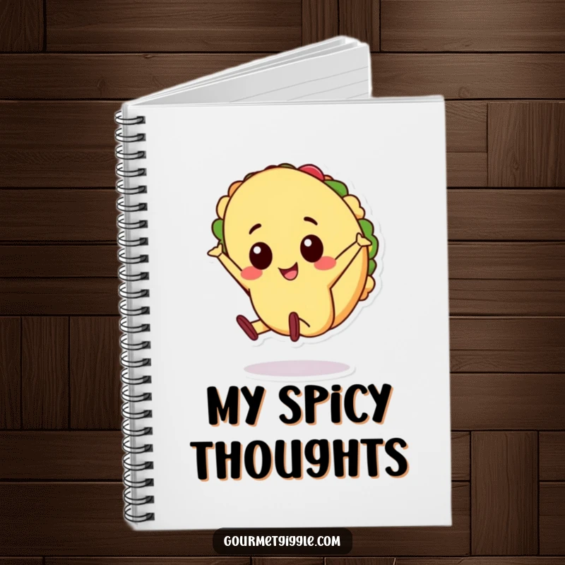 Funny cheerful taco character doing a cartwheel on a notebook, energetic food journal, a perfect funny gift for stationery lovers.